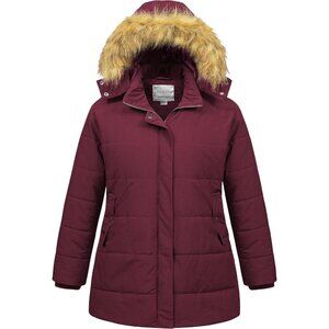 Women's Red Long Puffer Hood Jacket Coat Waterproof Winter Warm Removable Fur